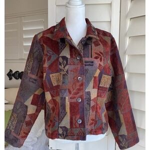 Vtg Coldwater Creek Tapestry Jacket Women L Made In USA Boxy‎ Coat Boho Fall